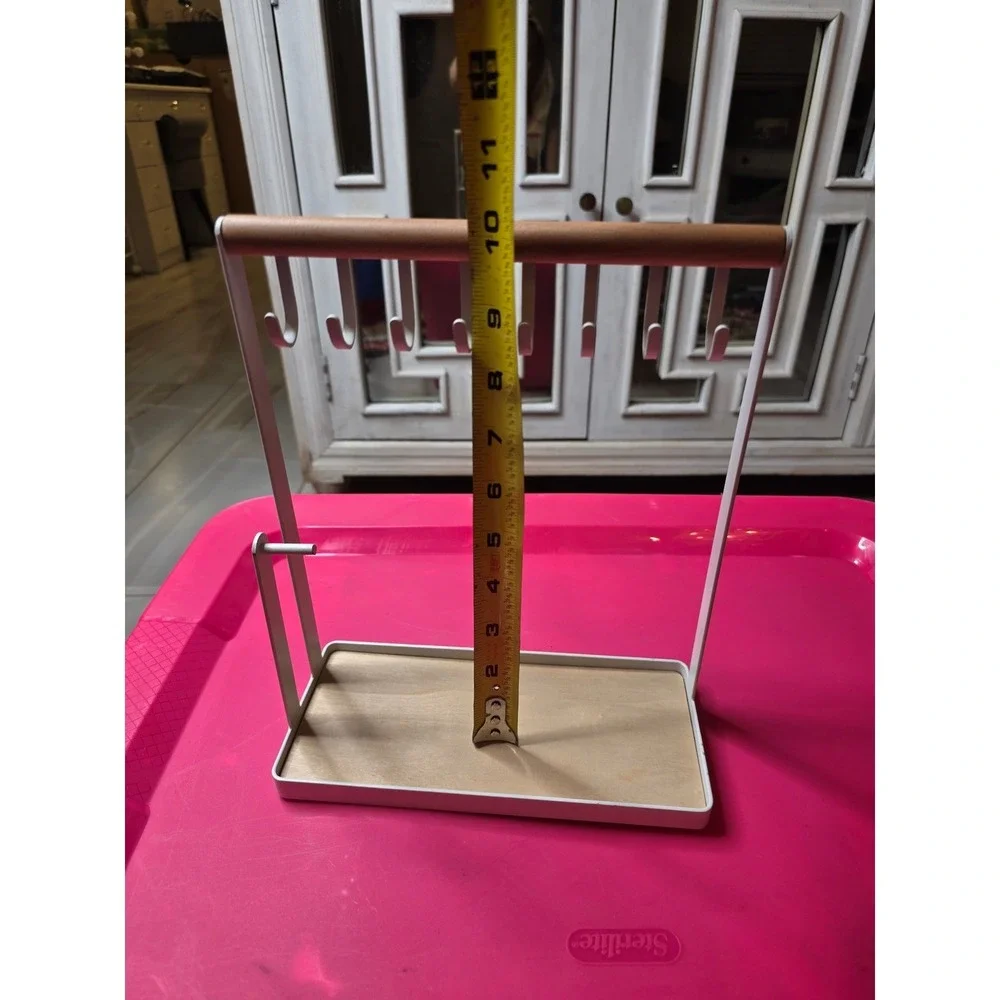 Modern White Metal and Wood Jewelry Stand Organizer‎ with 8 Hooks and Tray